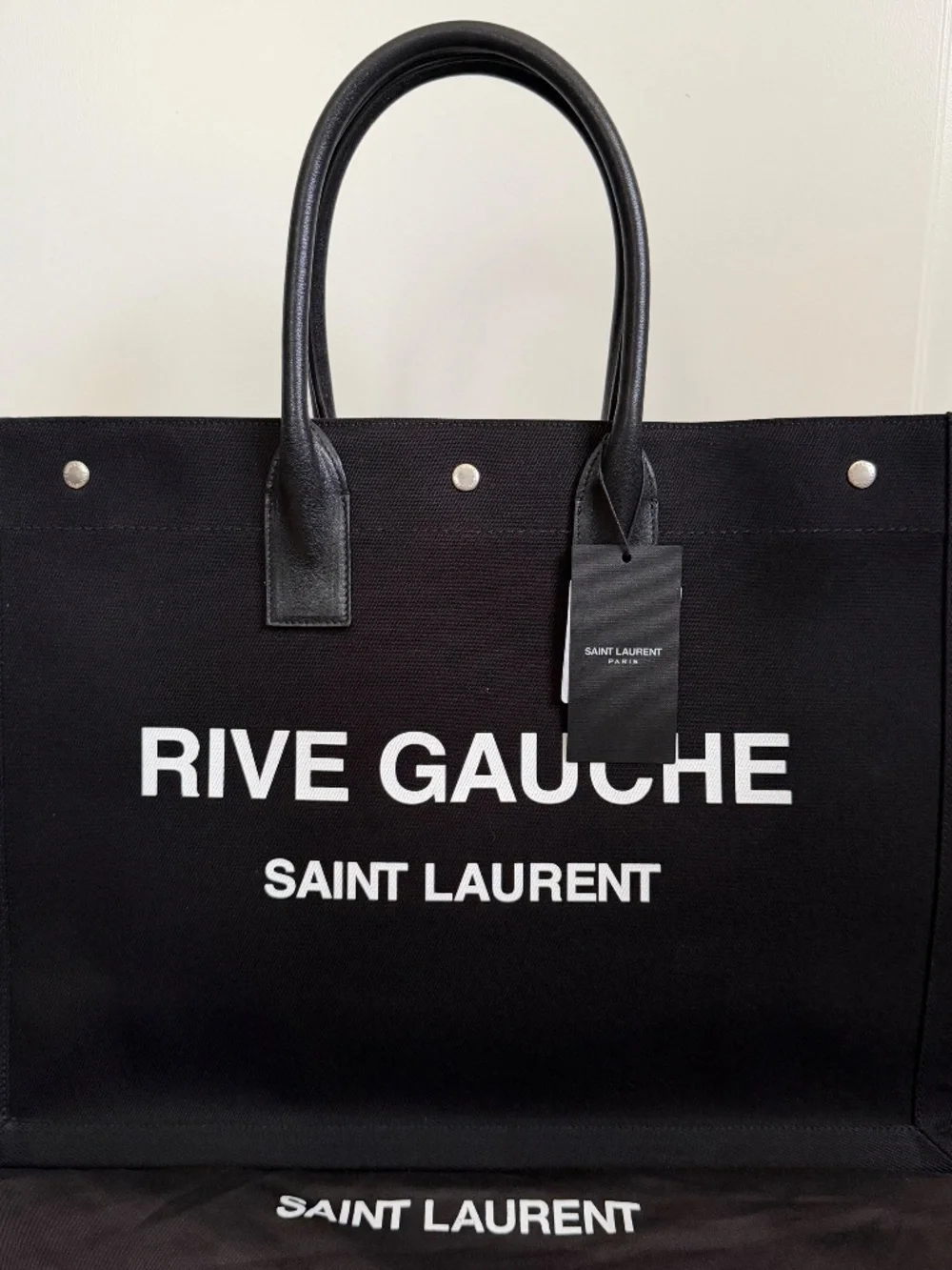 Saint Laurent YSL Rive Gauche Black White Canvas Logo Leather Tote Bag